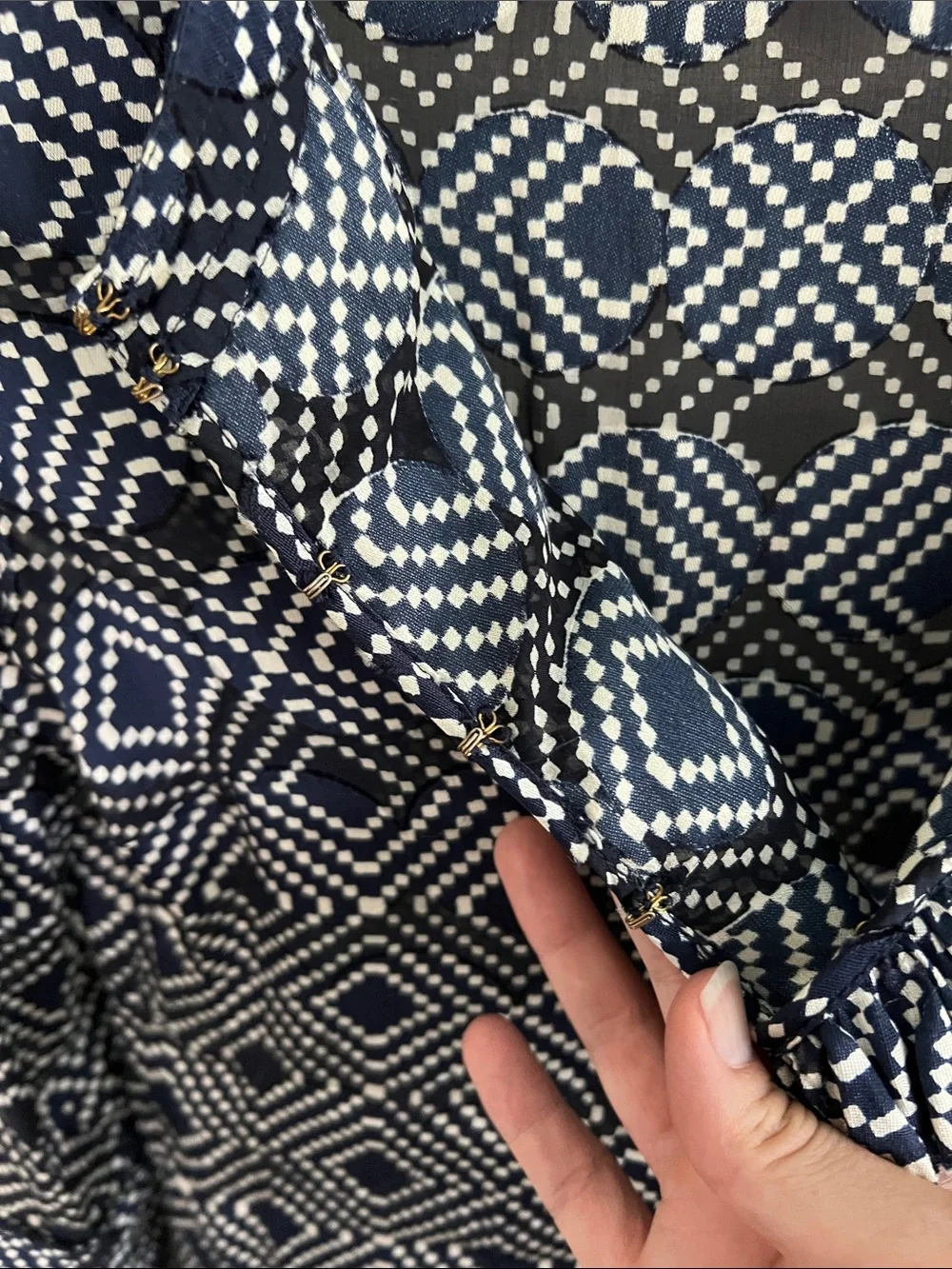 Tory Burch Navy and White Diamond-Print Ruffle V-Neck Tunic Top
